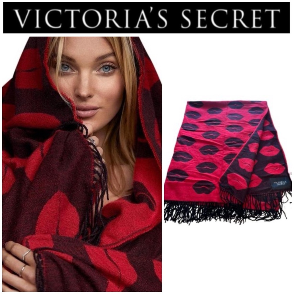 Victoria’s Secret red/black fringe lips throw blanket OS